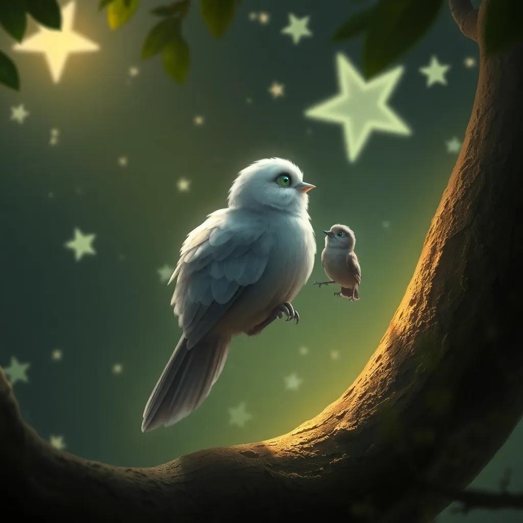 Una lechuza sabia con plumas grises sentado en una rama de árbol, mirando a Nico mientras salta, fondo con estrellas titilando, digital painting, atmósfera tranquila, luz suave, detalle nítido
