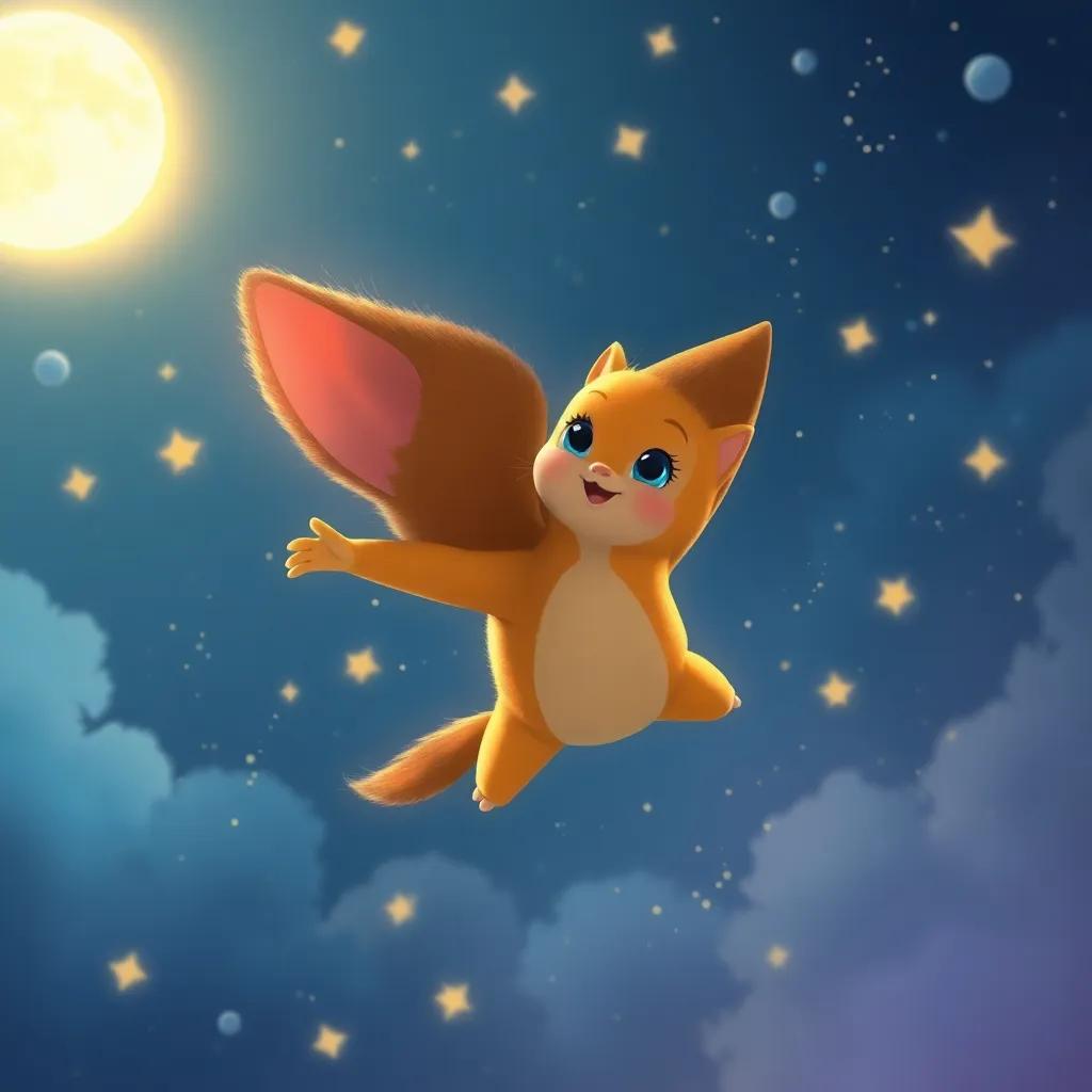 Nico, el conejito, girando en el aire como un pequeño cometa, rodeado de estrellas y la luna, mientras vuela, colores vibrantes, ilustración mágica, perspectiva elevada, calidad alta