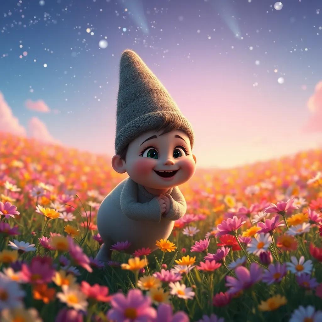 Nico, el conejito, aterrizando suavemente en un campo lleno de flores coloridas, con una expresión de alegría, bajo un cielo estrellado, digital art, colores cálidos, ambiente feliz, vista encantadora
