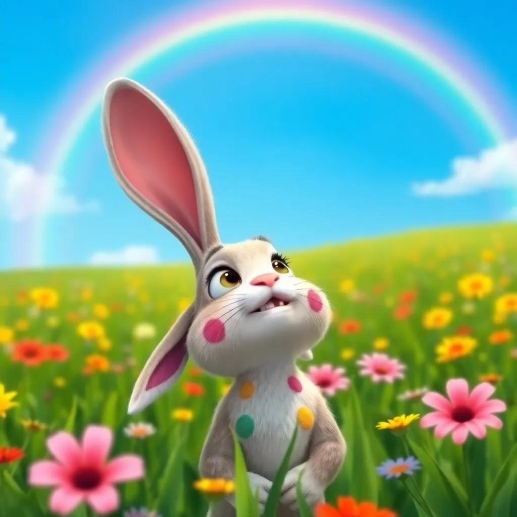 A peculiar bunny named Benito, with colorful spots on his fur, looking up at a bright rainbow in a clear blue sky, surrounded by vibrant flowers in a green field, digital art, cheerful atmosphere, colorful, high quality
