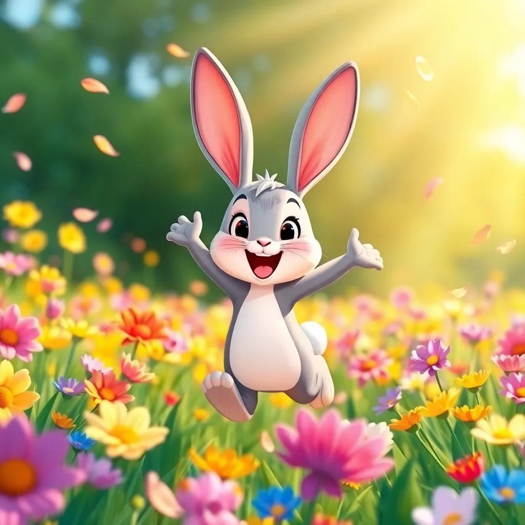 Benito the bunny happily jumping through a field of flowers with bright colors, sunlight shining down, petals dancing around him, illustration, joyful, vivid colors, child-friendly