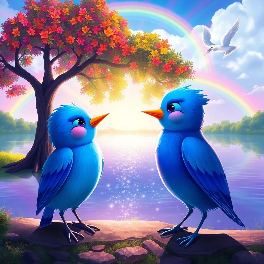 Benito and Pío the bluebird meeting under a colorful tree near a sparkling lake, the sky filled with rainbows, both animals smiling at each other, digital painting, magical setting, vibrant hues