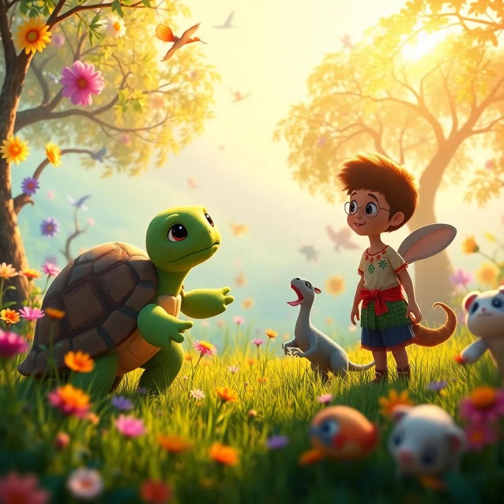 Tula the green turtle with a decorated shell guiding Benito and Pío to a magical meadow filled with colorful animals playing together, warm light, colorful scene, joyful