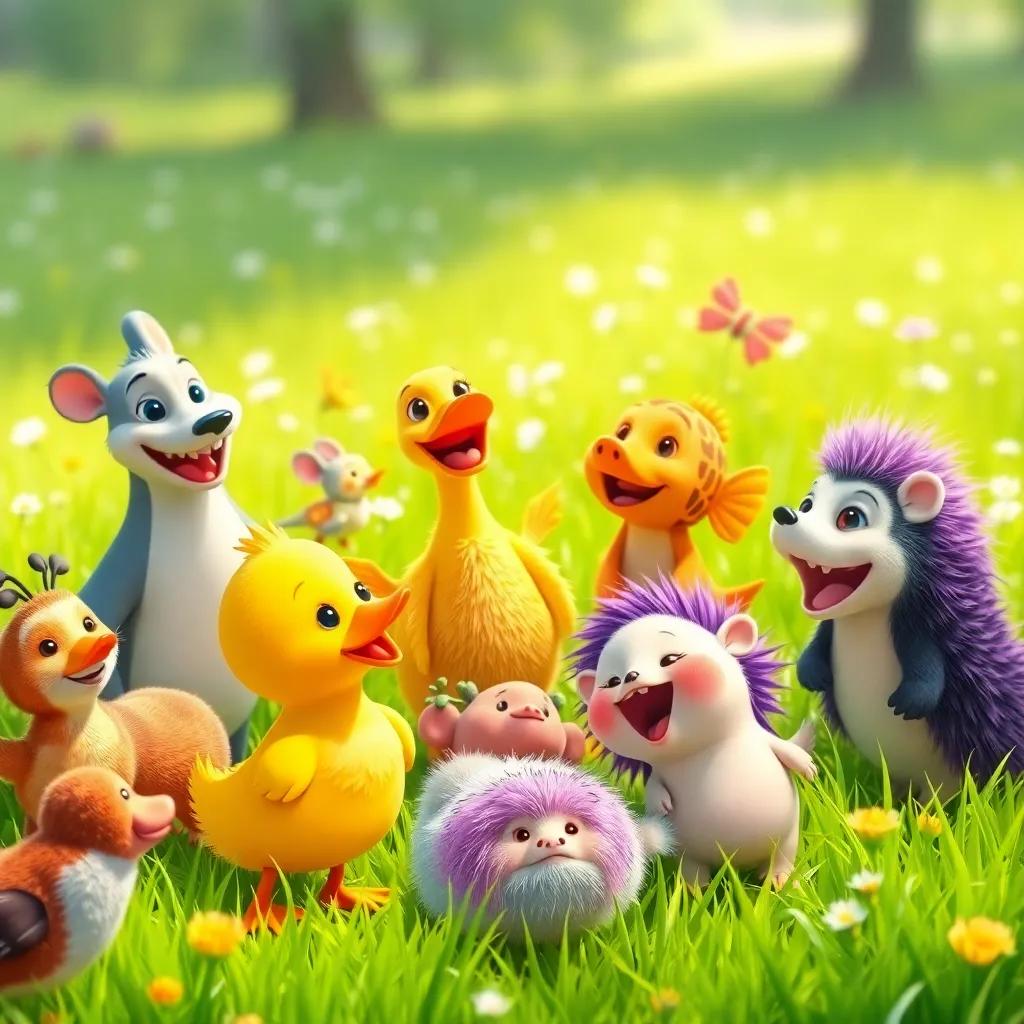A lively gathering of diverse animals including a yellow duck, orange fish, and purple hedgehog in a bright green meadow, all playing and laughing together, digital art, heartwarming scene, vibrant colors