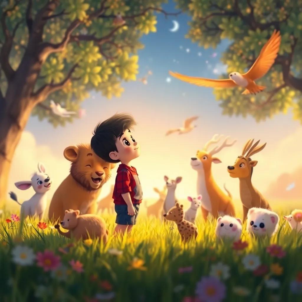 Benito watching amazed as the animals play around him, capturing the beauty and diversity of each creature in the magical meadow, warm light, colorful background, illustration, child-friendly