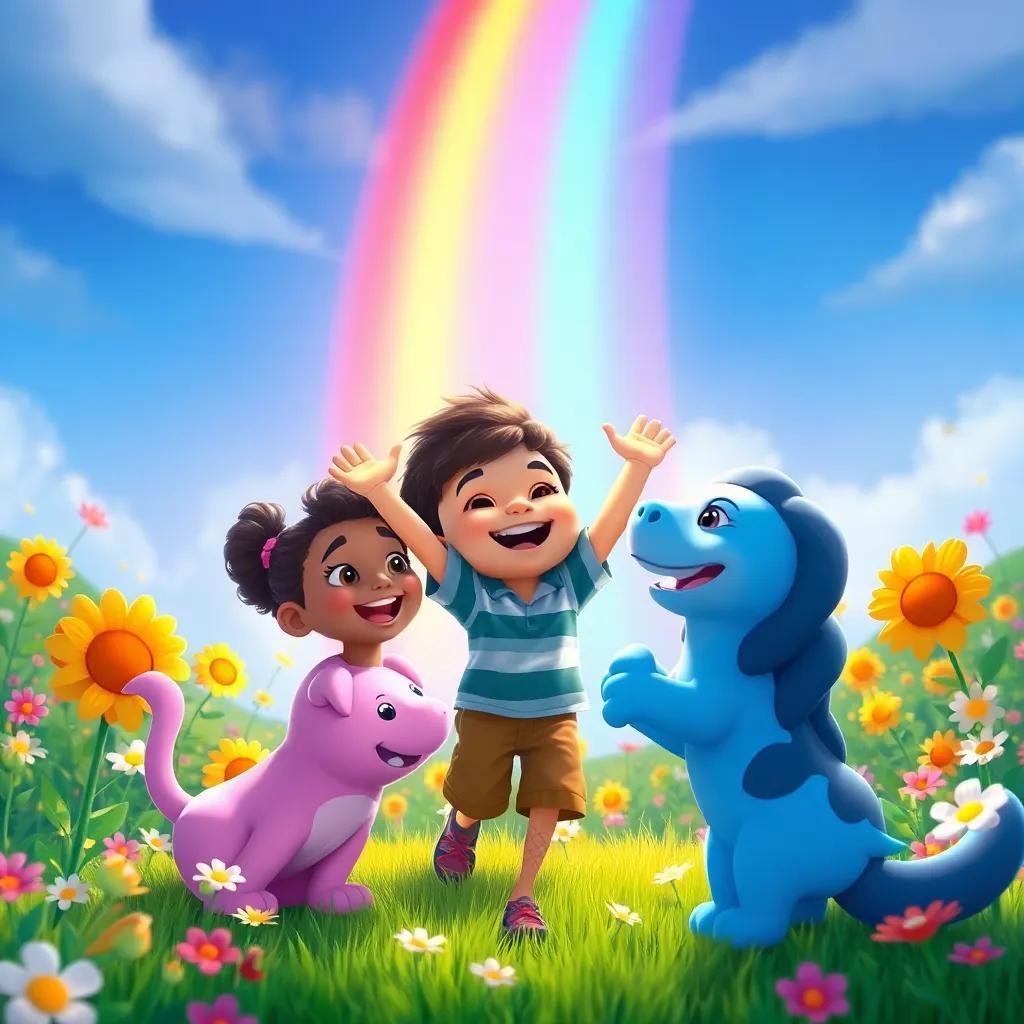Benito happily playing with his new friends under the vibrant rainbow, colorful scenery with flowers all around, joyful celebration of diversity, cheerful mood, digital art, bright colors