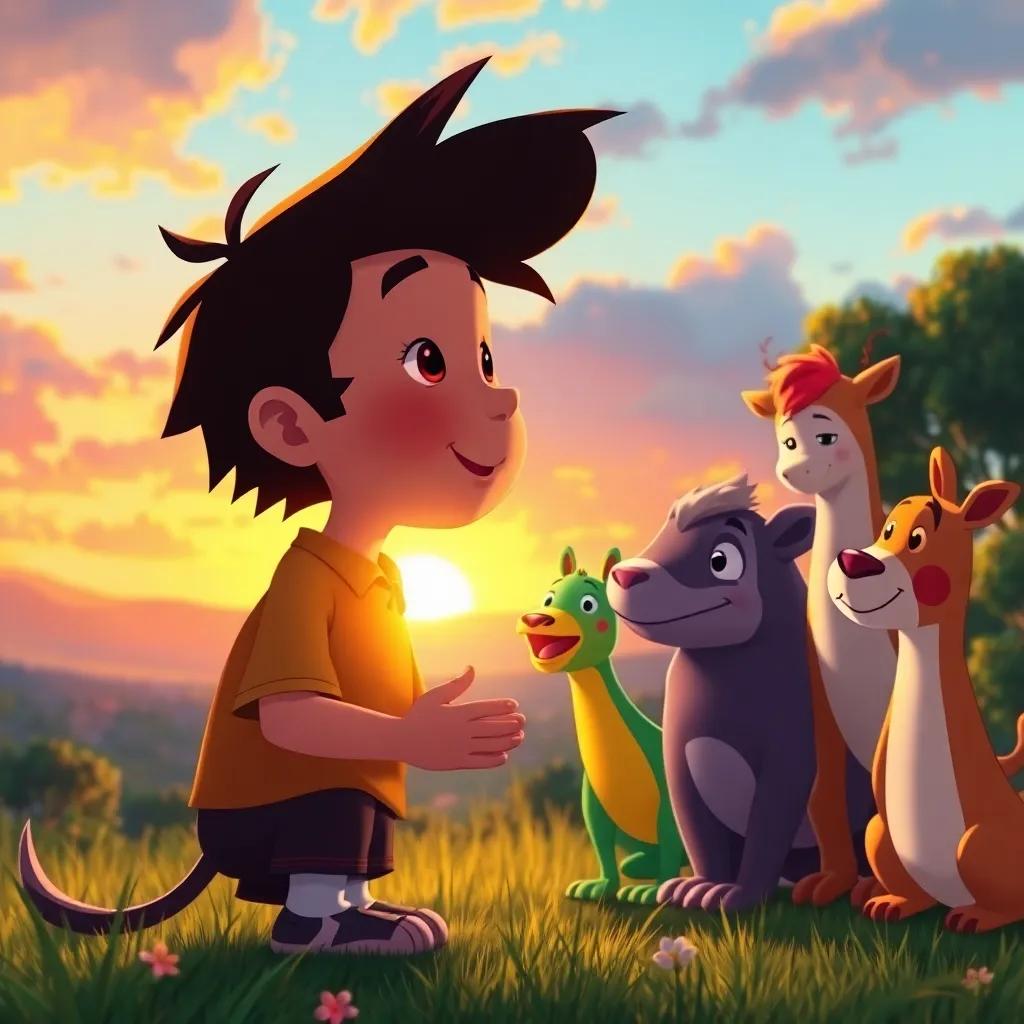 Benito saying goodbye to his colorful animal friends as the sun sets, promising to return, warm light, emotional farewell, beautiful backdrop of nature, illustration, heartwarming