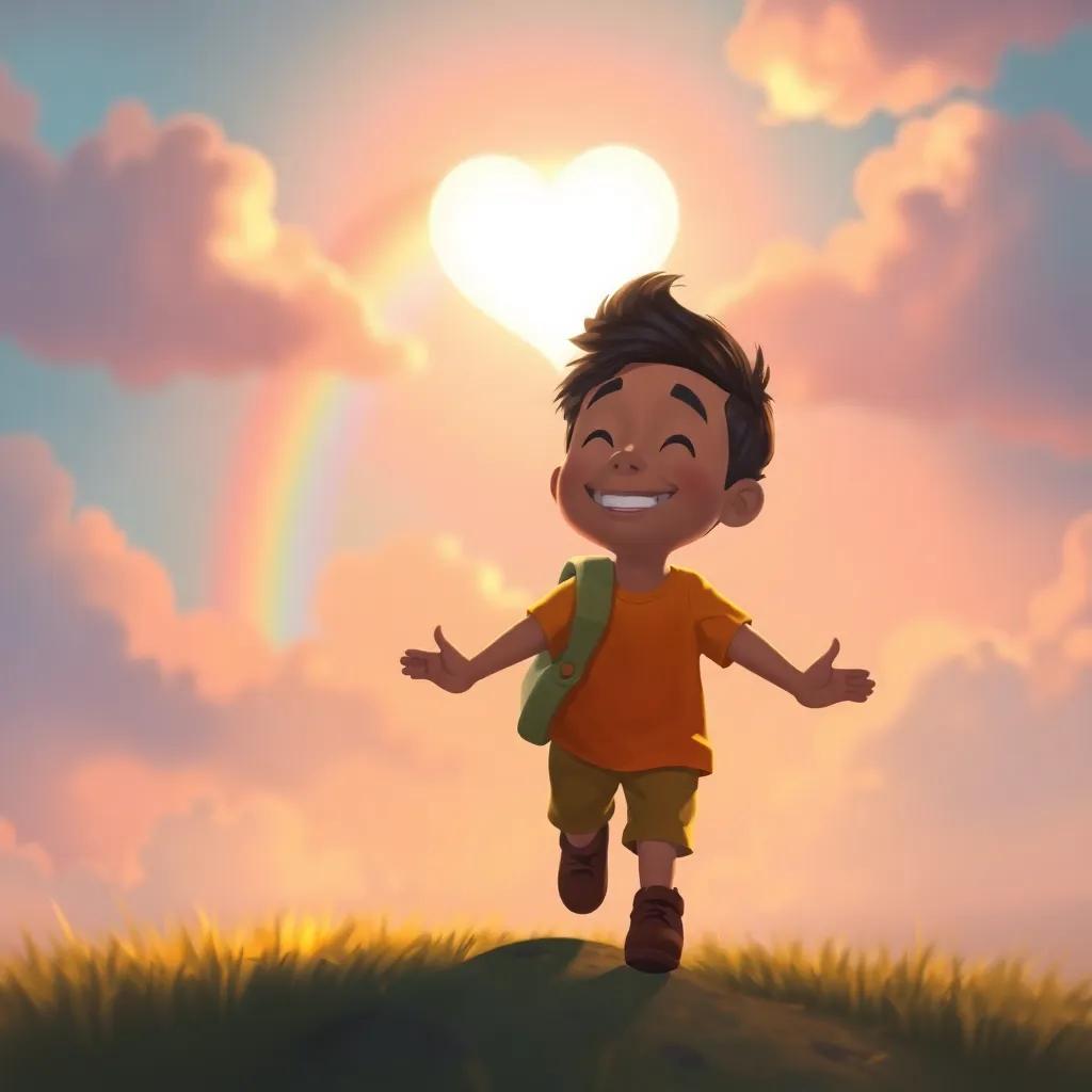 Benito hopping home with a light heart, smiling at the bright rainbow fading in the sky, feeling grateful and joyful, reflecting on his adventure, digital painting, warm tones, uplifting