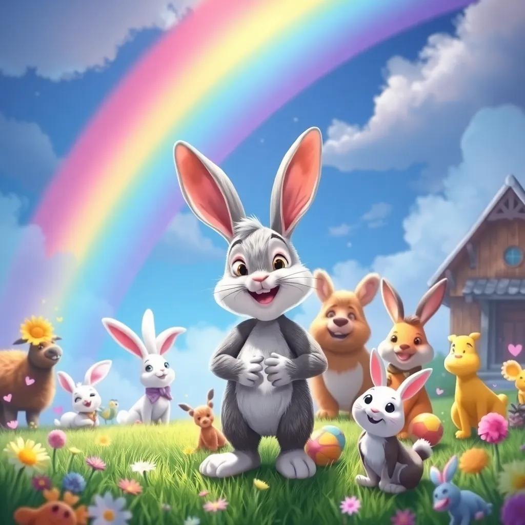 A beautiful rainbow arching over the cheerful bunny, Benito, as he returns home, surrounded by the memories of his diverse friends in the magical meadow, detailed, colorful, happy atmosphere