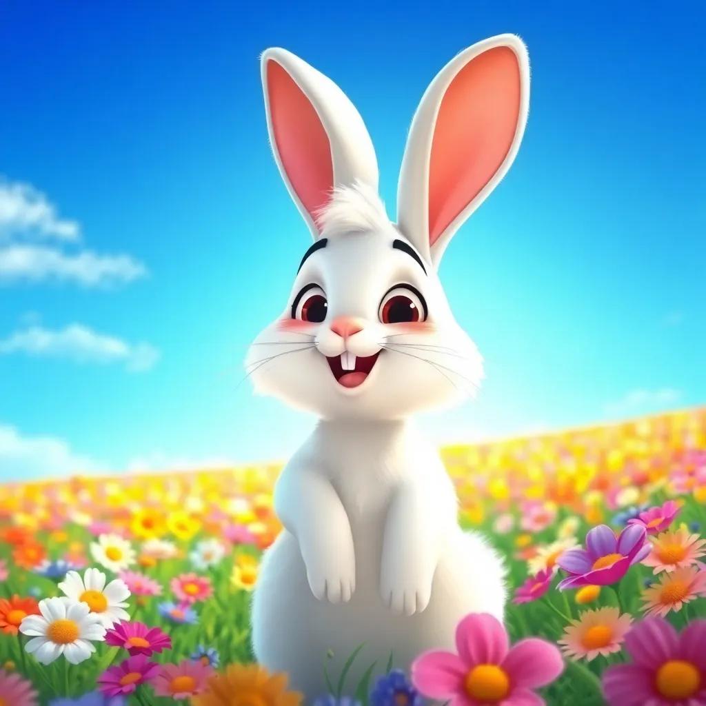 A happy rabbit, Ramón, with fluffy white fur and big ears, standing in a colorful flower field under blue sky, looking excited, vibrant colors, cheerful atmosphere, cartoonish