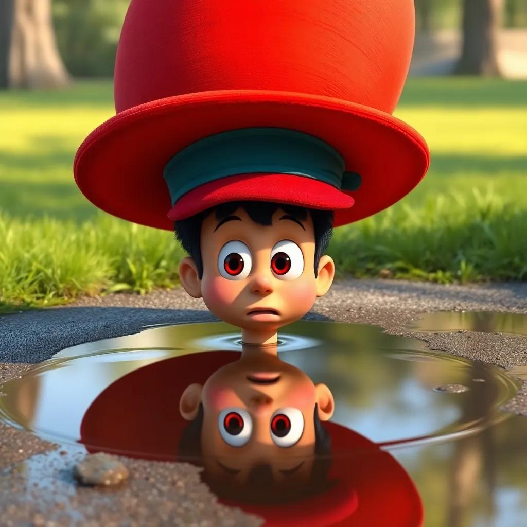 A large, bright red hat that is too big for Ramón, next to a puddle reflecting his face with a surprised look, whimsical style, fun scene, colorful