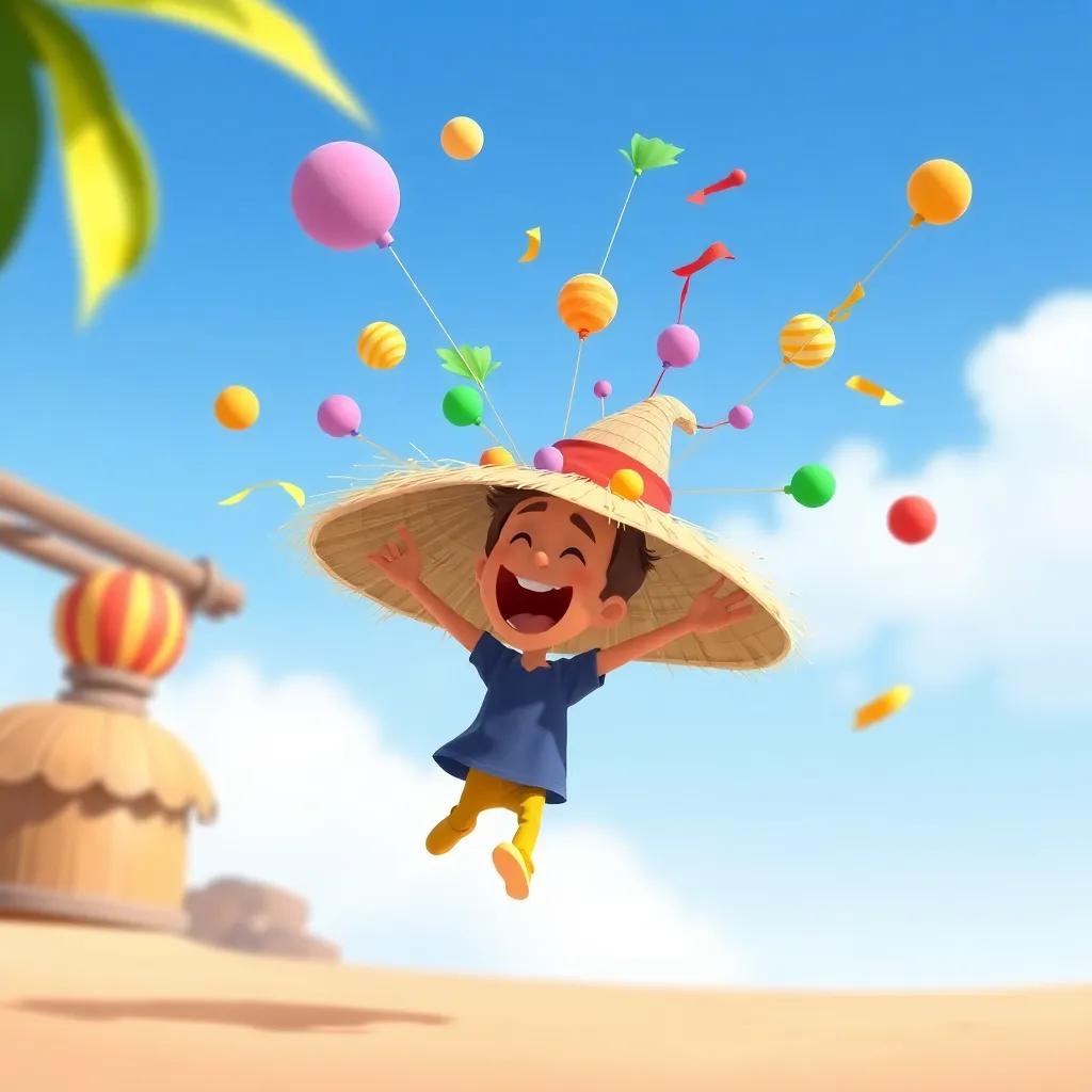 A straw hat with colorful decorations flying in the air, with Ramón laughing and jumping around, illustration, joyful and light-hearted, bright colors