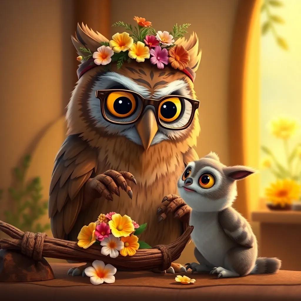 An wise owl with glasses weaving a hat made of flowers, with Ramón watching in awe, cozy and warm setting, art style, nature-inspired