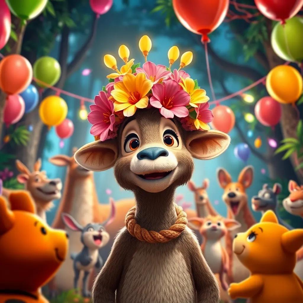 Ramón wearing a beautiful flower hat at a lively forest party, surrounded by animals having fun, colorful balloons and lights, cheerful atmosphere, festive scene