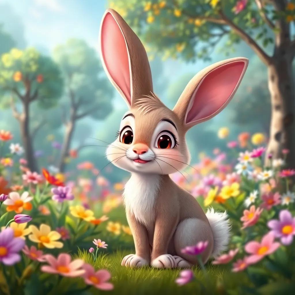 A cute rabbit named Benito, in a vibrant forest with colorful flowers and trees, looking thoughtful with big ears and a fluffy tail, digital art, bright colors, joyful atmosphere, high quality