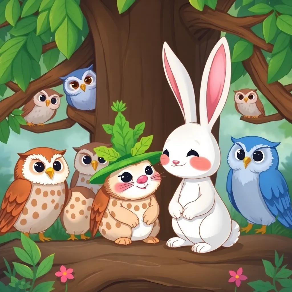 Benito, the rabbit, at the owl tree, surrounded by wise owls, looking at a leafy hat that doesn't fit him, playful mood, colorful illustration, cheerful, woodland setting