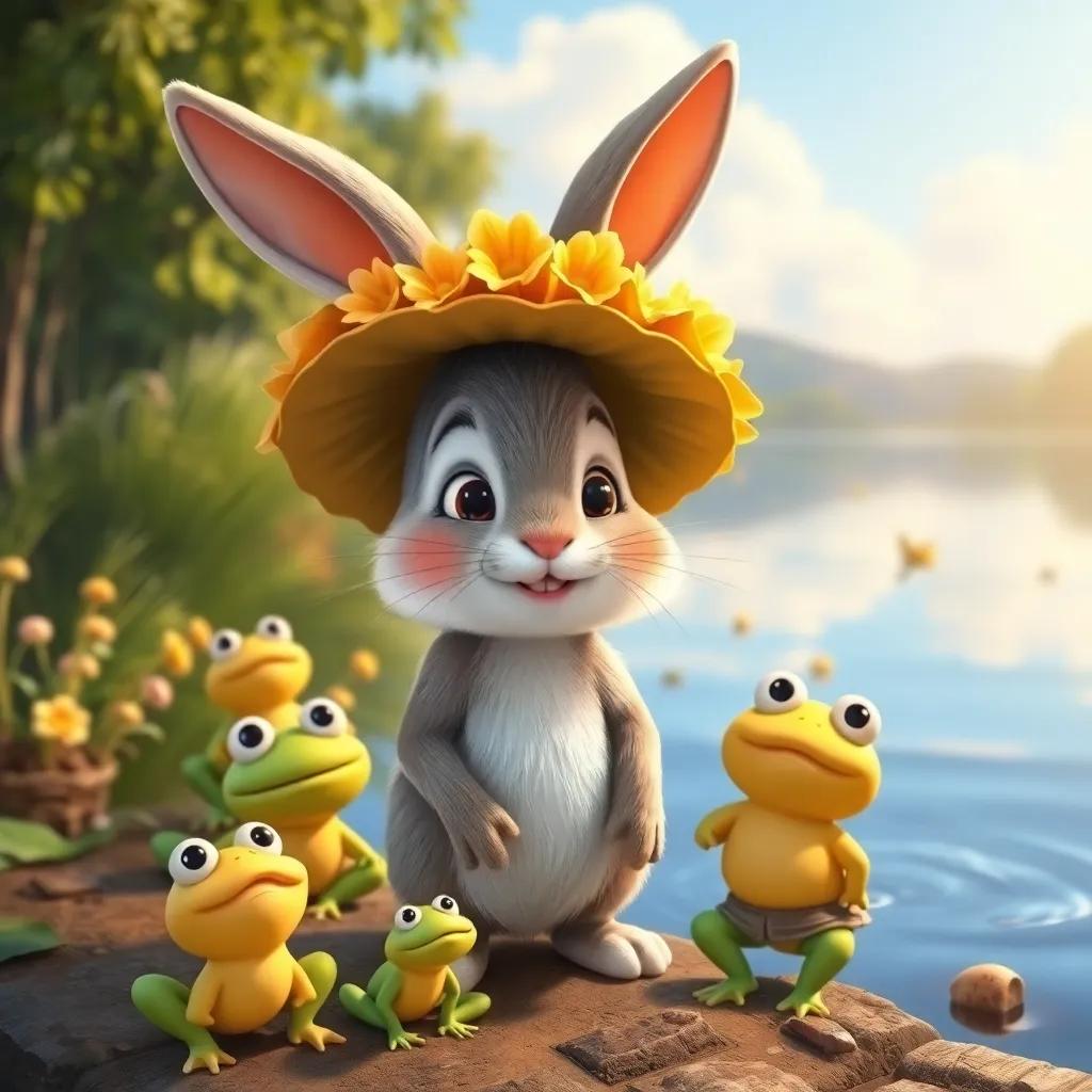 Benito the rabbit by the lake, trying on a heavy flower hat that makes him wobble, surrounded by playful frogs, sunny day, whimsical style, bright colors, child-friendly