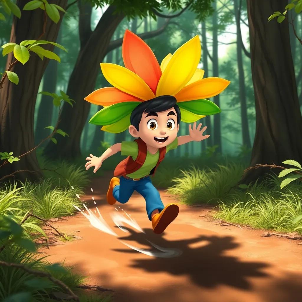 Benito chasing his colorful petal hat in the windy forest, jumping over puddles and dodging branches, determination on his face, animated style, dynamic and lively, vivid colors