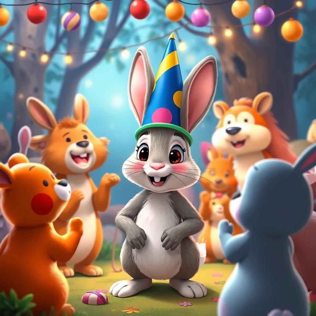 Benito the rabbit at the forest party, proudly wearing his colorful hat, animals clapping around him, a festive atmosphere with fairy lights and decorations, heartwarming illustration, joyful and uplifting