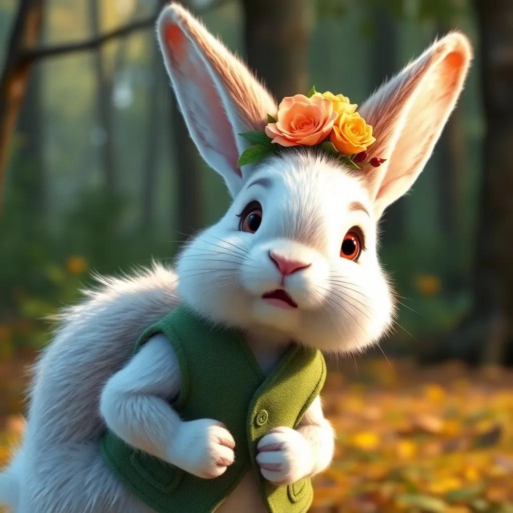 A curious rabbit named Ramón with fluffy white fur, wearing a stylish green vest, looking at a beautiful flower hat in a forest, digital art, warm colors, inviting atmosphere, high quality