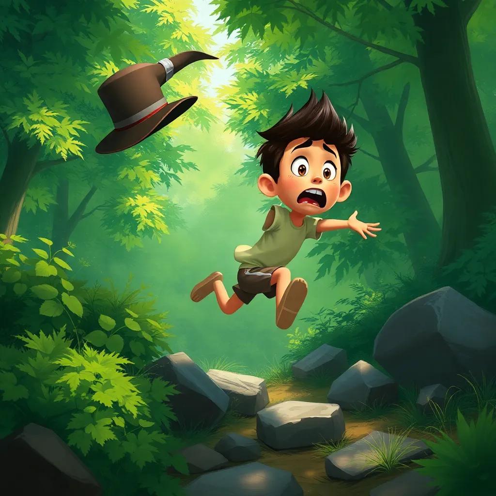 Ramón chasing a flying hat in the wind, jumping over bushes and rocks, with a worried expression, surrounded by a vibrant green forest, digital painting, dynamic scene, engaging