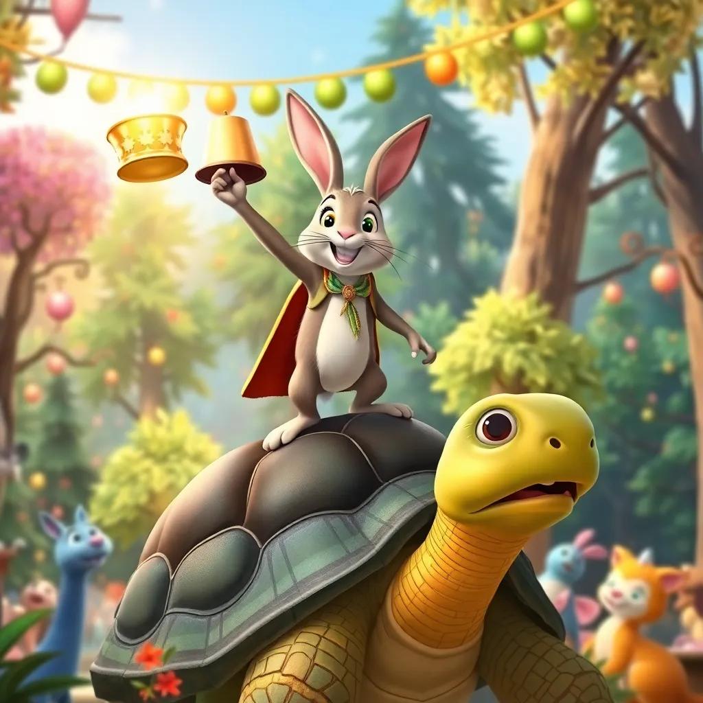 Ramón the rabbit triumphantly holding a shiny hat, standing on top of Tita the tortoise, surrounded by trees and forest friends at the party, joyful celebration, colorful, heartwarming