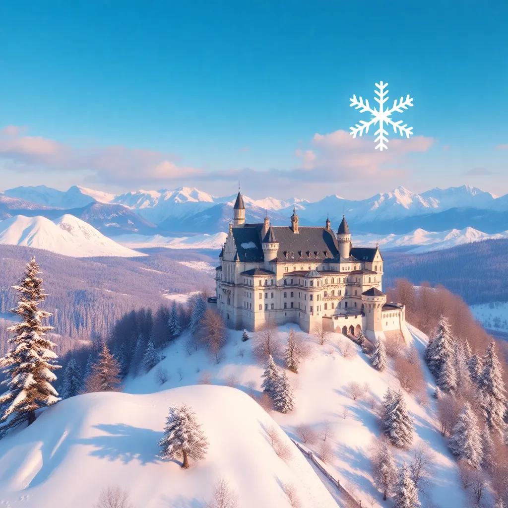 A small, bright snowflake flying in a blue sky above majestic snowy Alps with the beautiful Neuschwanstein Castle, digital art, bright colors, cheerful atmosphere, high quality
