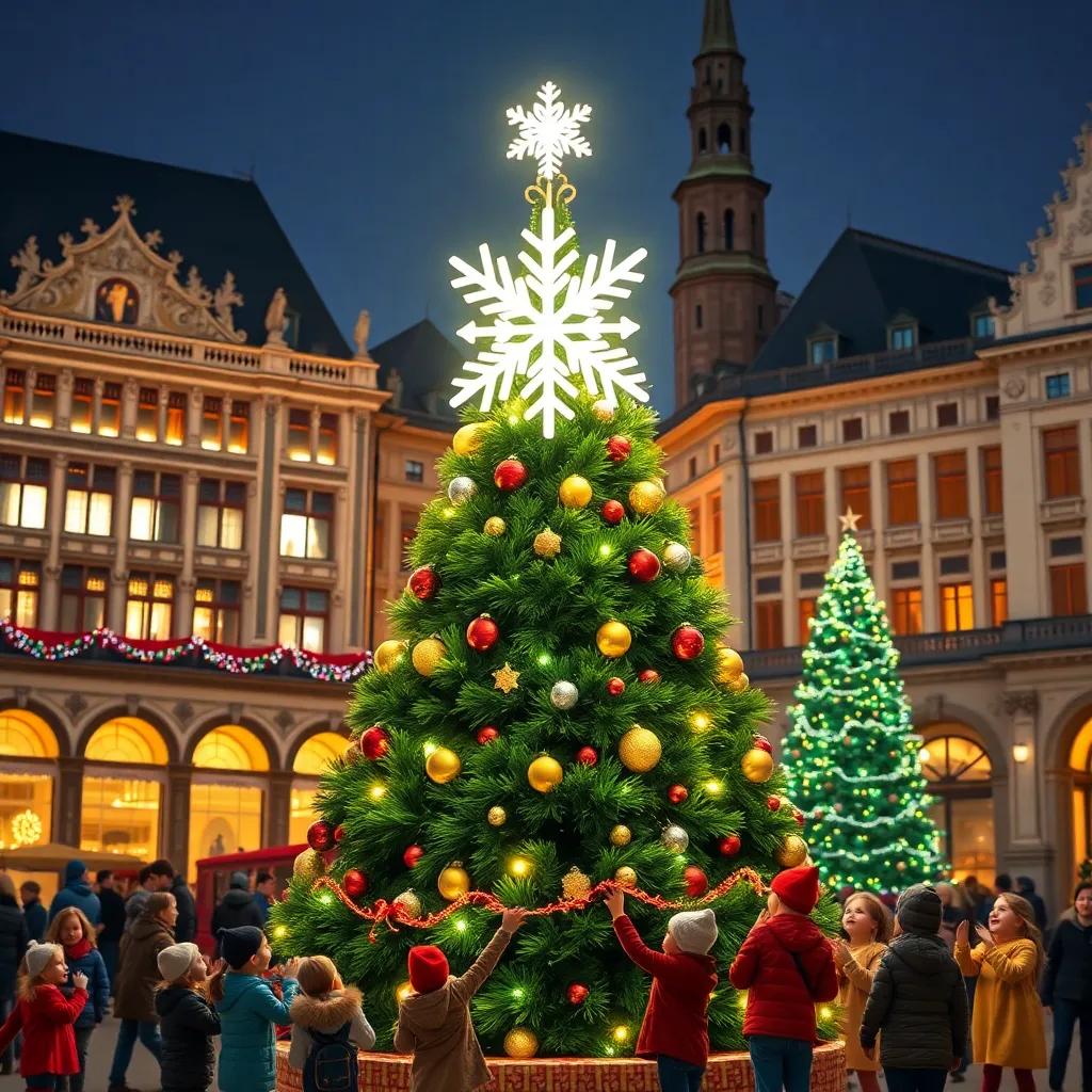 A bright snowflake perched on top of a large Christmas tree in Marienplatz, Munich, surrounded by joyful children and glowing decorations, vibrant night scene, heartwarming, festive atmosphere, high quality