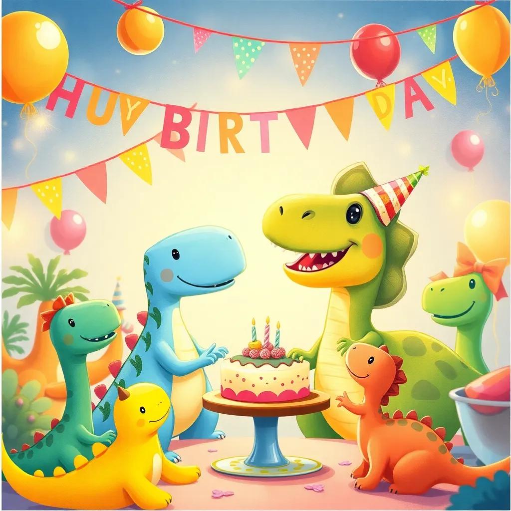 A joyful birthday party scene with Dinotino meeting Tina, a lovely brontosaurus with a bright smile, surrounded by colorful decorations and cheerful dinosaur friends, illustration, festive, warm light, vibrant colors, child-friendly