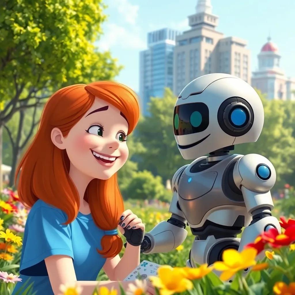 Clara, con cabello castaño y camiseta azul, riendo mientras juega a escondite con R20, el robot plateado, en un parque de la ciudad lleno de flores brillantes y árboles verdes, ilustración, alegre, colorido ambiente, perspectiva dinámica
