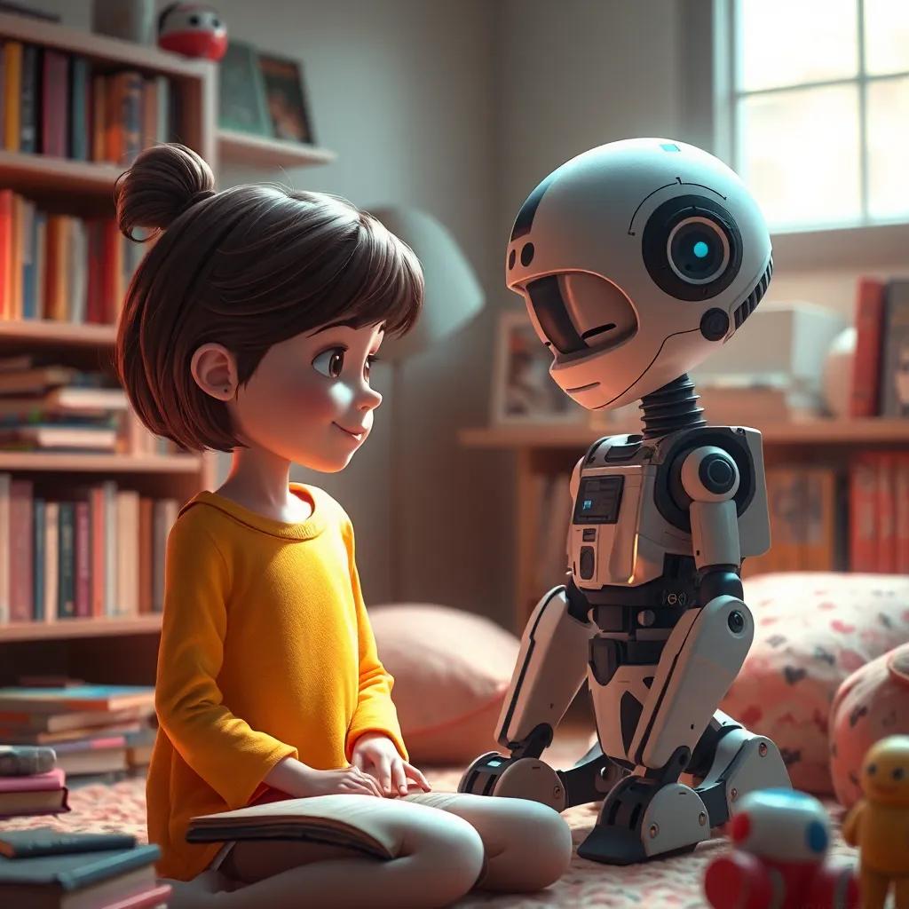 Clara observando a R20 mientras él ríe y actúa como un humano, en su habitación llena de libros y juguetes, cálida luz, colores suaves, acogedor, alta calidad