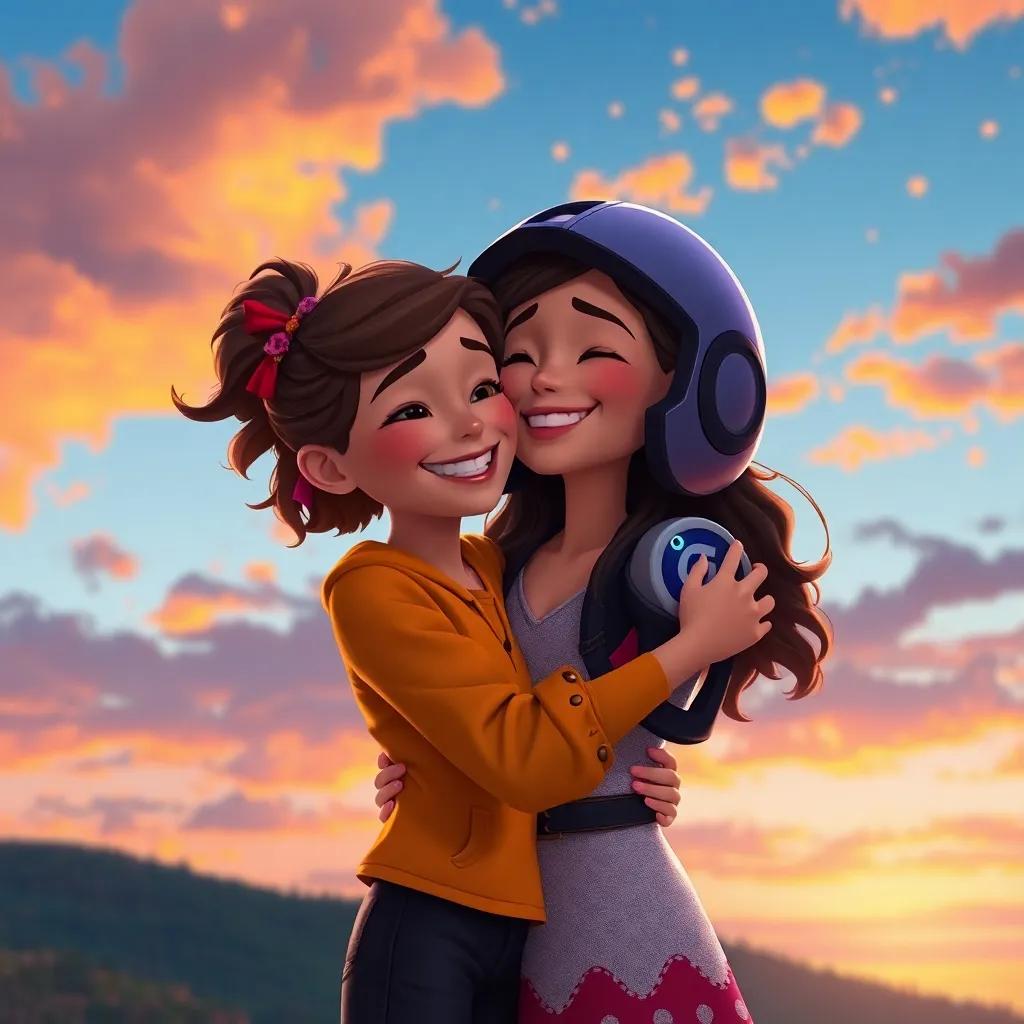 Clara abrazando a R20 al final de su aventura, en un atardecer colorido, el cielo lleno de naranjas y purpurinas, ambos sonriendo felices, ilustración conmovedora, luz brillante, calidad alta