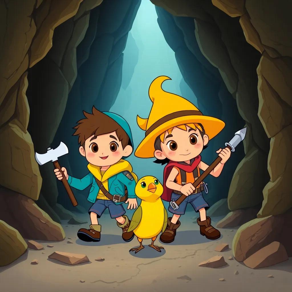 Mino and Mena exploring a dark mine with tools in hand, accompanied by their canary, Chispa, looking determined, illustration, adventurous, bright colors, high quality