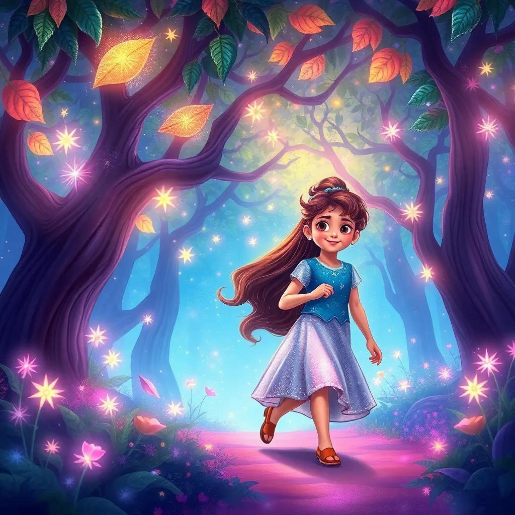 A magical forest called the Forest of a Thousand Skies, filled with sparkling leaves and singing flowers, a young girl named Daniela, with long, flowing hair in a shimmering dress, walking with a young boy named Jhoan, who has deep eyes and a warm smile, illustration, vibrant colors, enchanting atmosphere, whimsical style