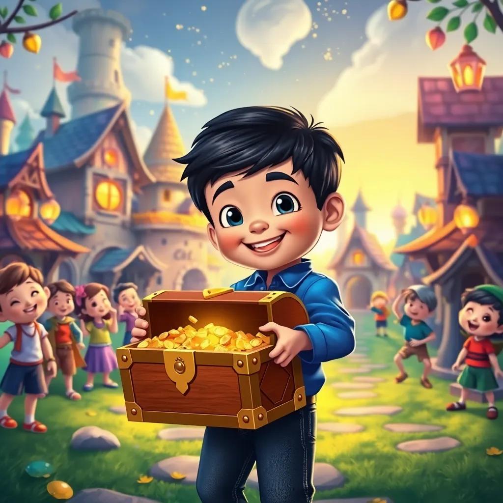A cheerful child named Luis, with short black hair, wearing a blue shirt and jeans, holding a treasure chest filled with gold and jewels, in a magical village with happy children around, illustration, warm light, colorful, enchanting view, high quality