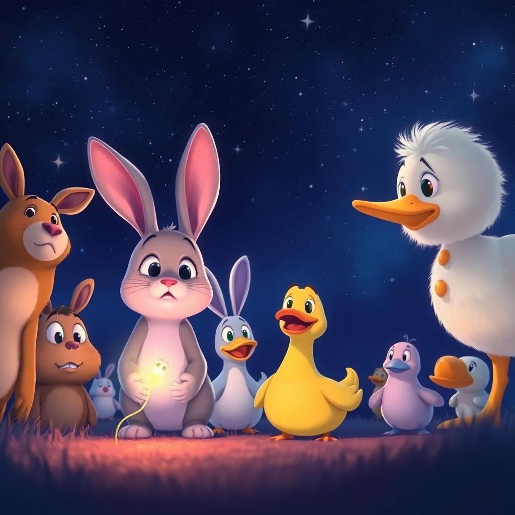 A group of animals, including a rabbit and a duck, looking confused under a dark sky filled with stars, with a glowing firefly in the foreground, illustration, magical atmosphere, vibrant colors, cheerful perspective, high quality