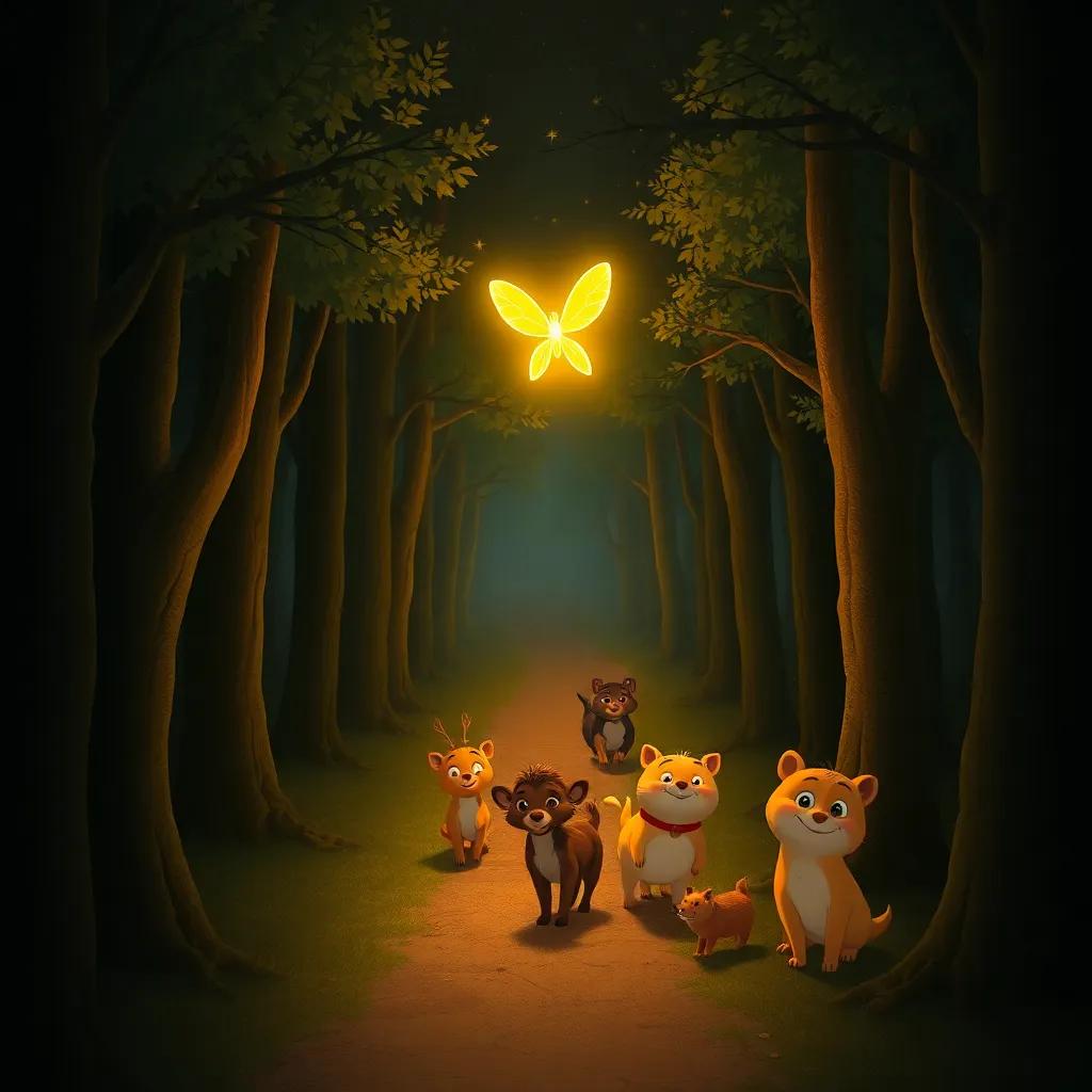 A glowing firefly flying between trees, lighting up a path, surrounded by dark shadows and twinkling stars, with a group of animals following happily, digital art, detailed, friendly vibe, warm colors