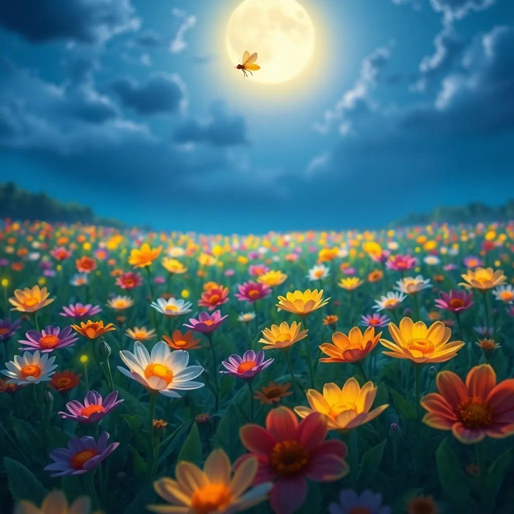 A field of sleeping flowers under the moonlight, a firefly flying above them, the flowers slowly opening their petals as they glow, enchanting scenery, colorful, joyful atmosphere, detailed