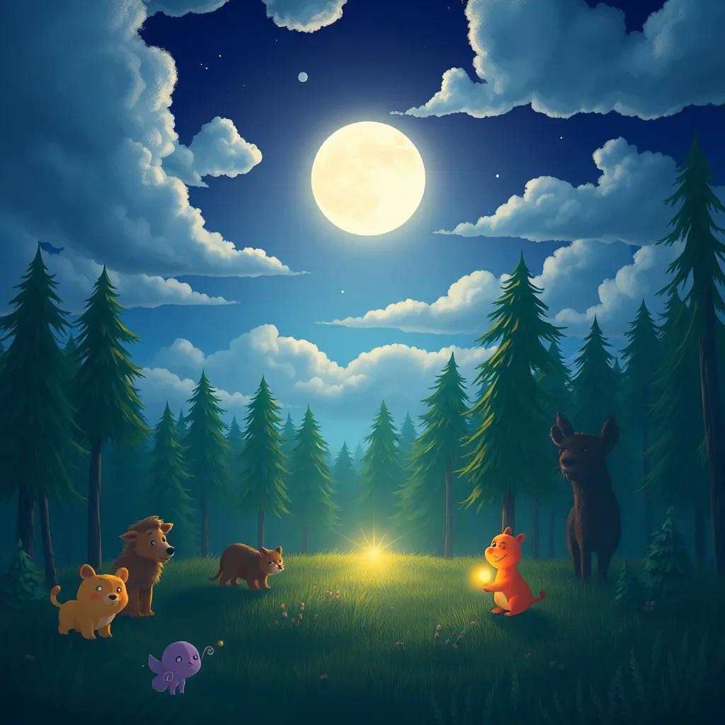 A bright moon peeking through clouds illuminating a comforting forest, with animals feeling safe and a happy firefly leading the way, illustration, warm glow, inviting scene