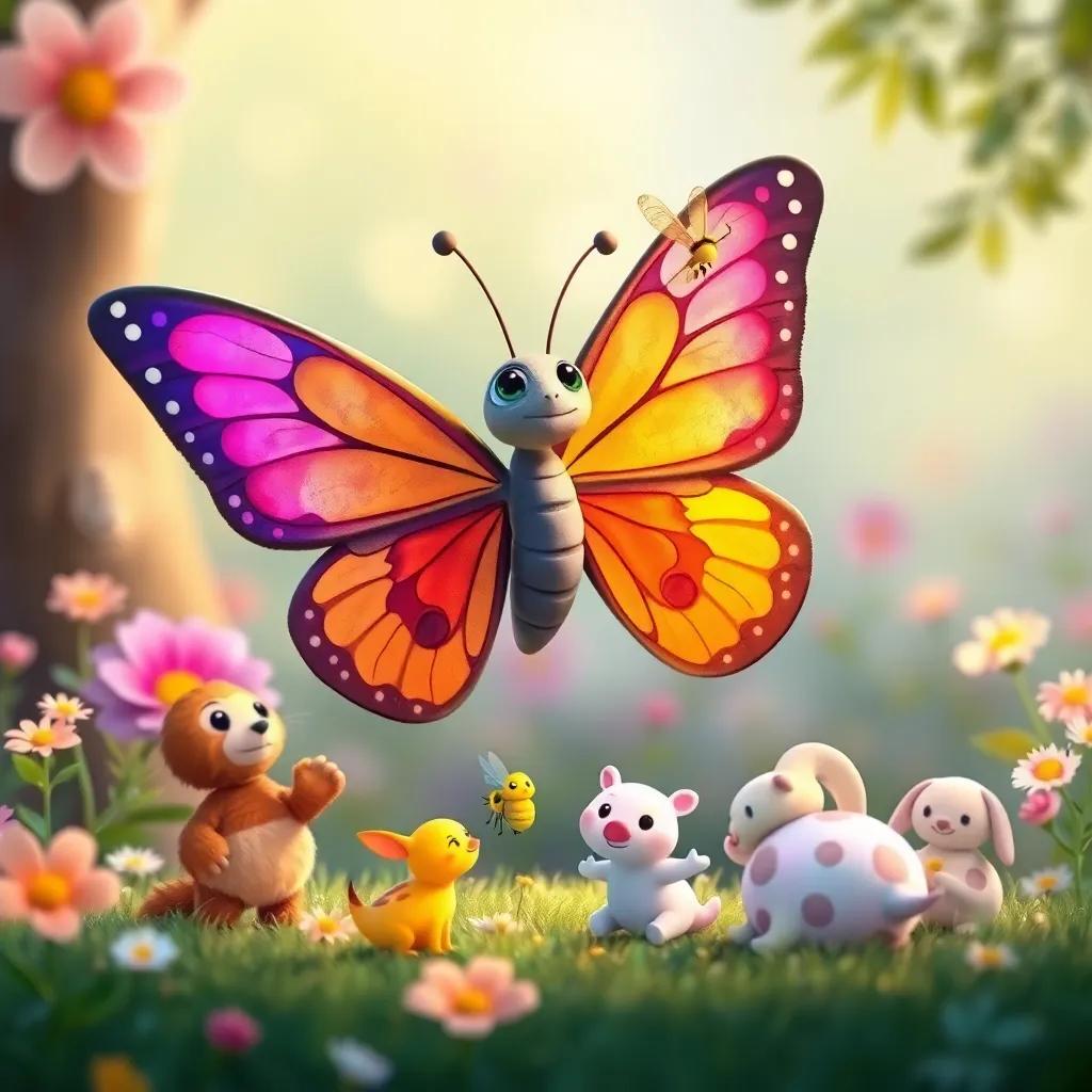 A butterfly appearing next to the firefly and animals, colorful wings spread wide, inviting them to join, cheerful scenery, with flowers and soft colors in the background, child-friendly