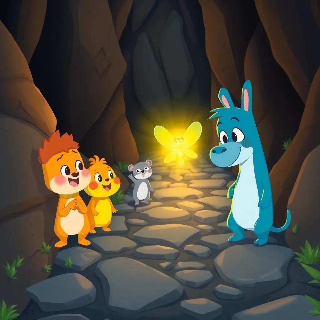 A rocky path with some animals looking a bit cautious, a firefly shining even brighter to guide them, cheerful atmosphere, friendly perspective, engaging design