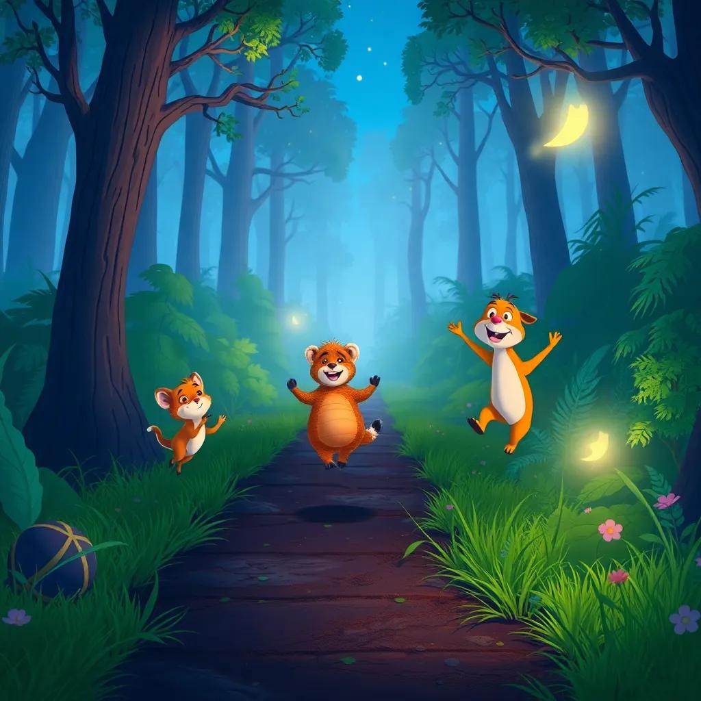 A familiar forest appearing ahead, animals jumping with joy, the firefly glowing warmly, magical night scene, vibrant colors, high quality