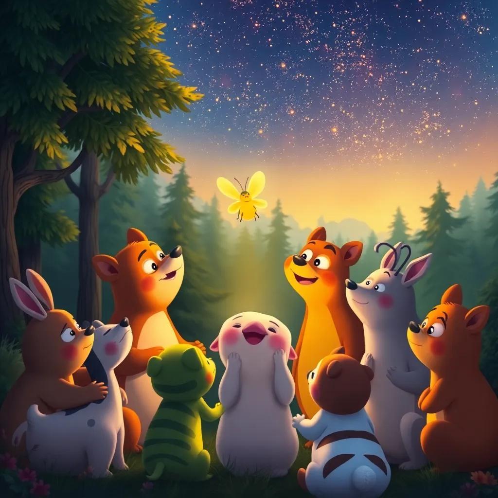 A happy group of animals gathered around a firefly, expressing gratitude, with the forest in the background and a warm night sky, illustration, uplifting scene, heartwarming colors