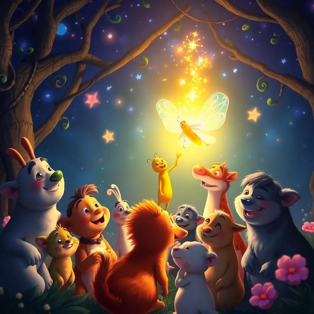 The firefly surrounded by the group of animals, everyone smiling and learning about light inside us, a magical night scene, vibrant atmosphere, digital art
