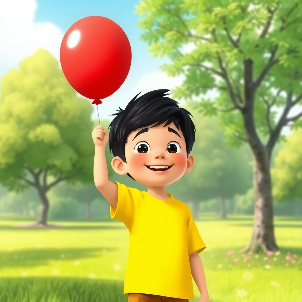 A young boy named Tomás, with short black hair and wearing a bright yellow shirt, holding the red balloon in a green park with trees and flowers, joyful atmosphere, colorful illustration