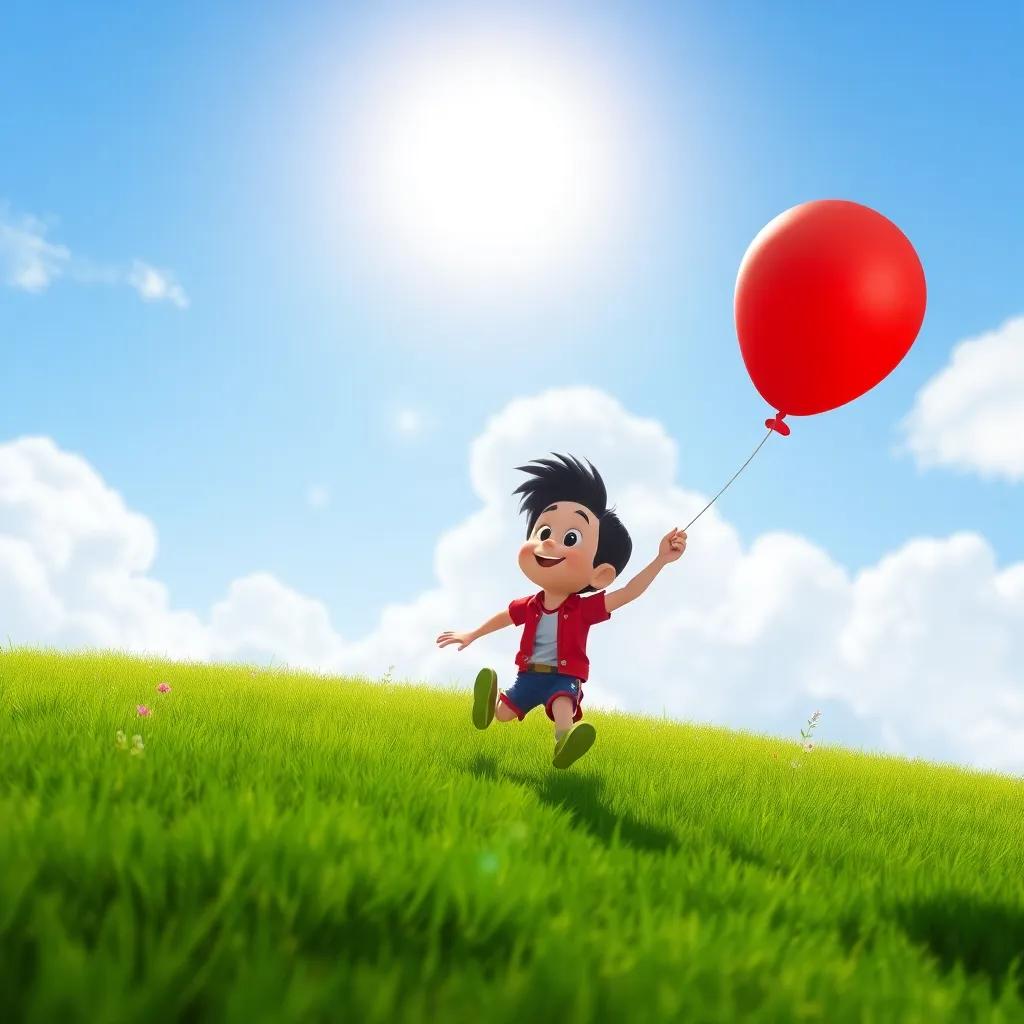 Tomás running on the grass, as the red balloon floats gently into the air, the sun shining brightly and soft clouds in the background, playful scene, digital art