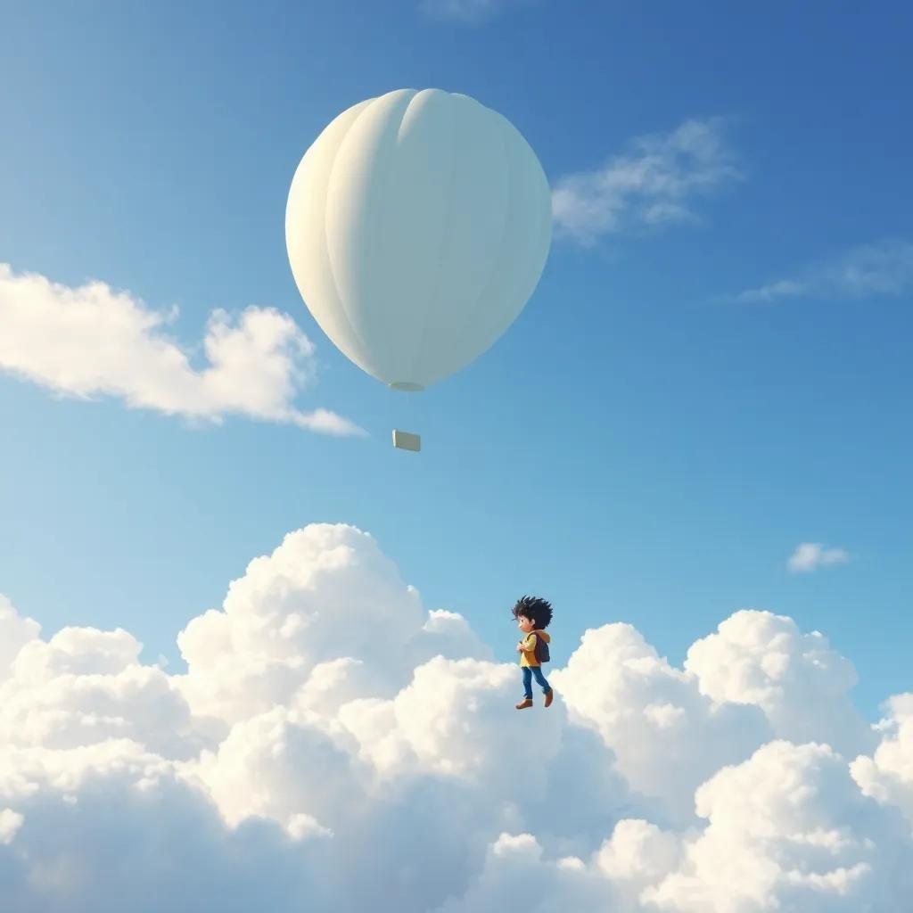The balloon and Tomás flying high among fluffy white clouds, where the balloon touches the clouds playfully, magical and dreamy atmosphere, high quality illustration