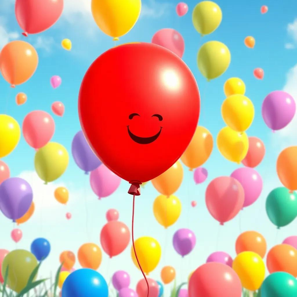 The red balloon happily surrounded by other colorful balloons in the sky, playing and dancing together, capturing a joyful moment, vibrant colors, children’s art