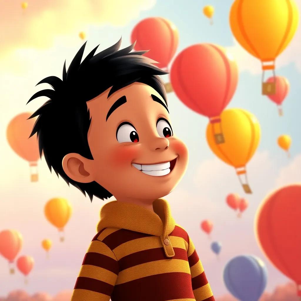 Tomás smiling and watching his balloon friends in the sky, with a big sunny smile, feeling warm and happy, heartwarming illustration