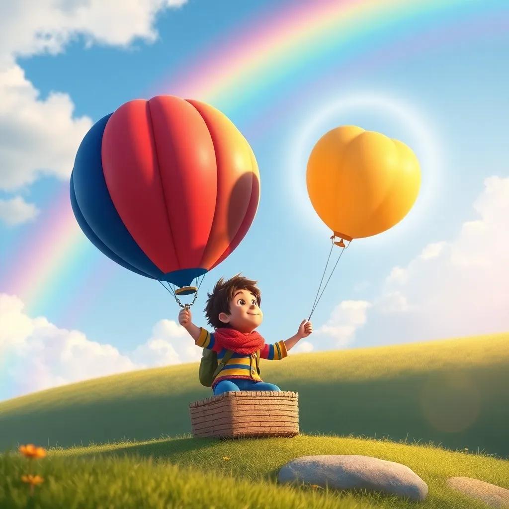The scene where the balloon and Tomás enjoying their adventure together, looking at a beautiful rainbow in the sky, illustrating happiness and freedom, friendly art